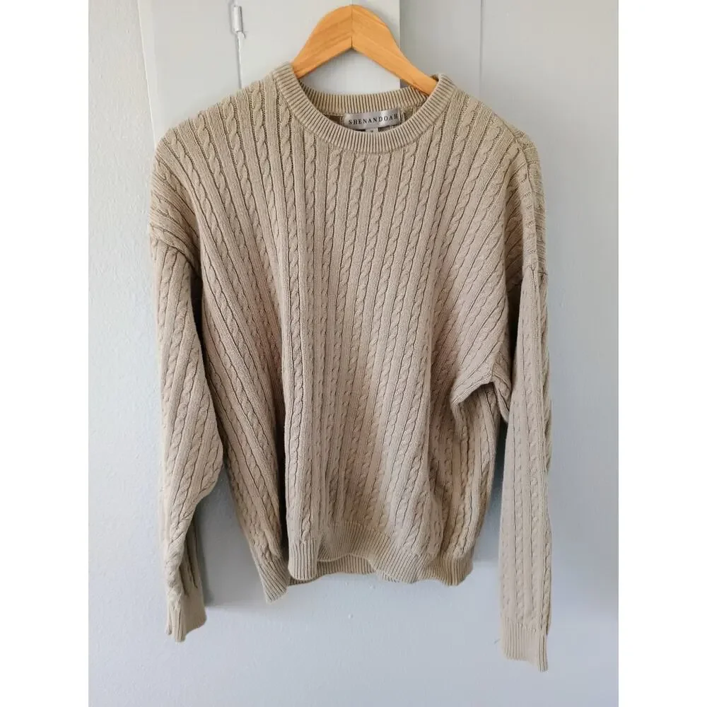 Vtg Shenandoah cotton cable knit crewneck sweater tan Brown M old money